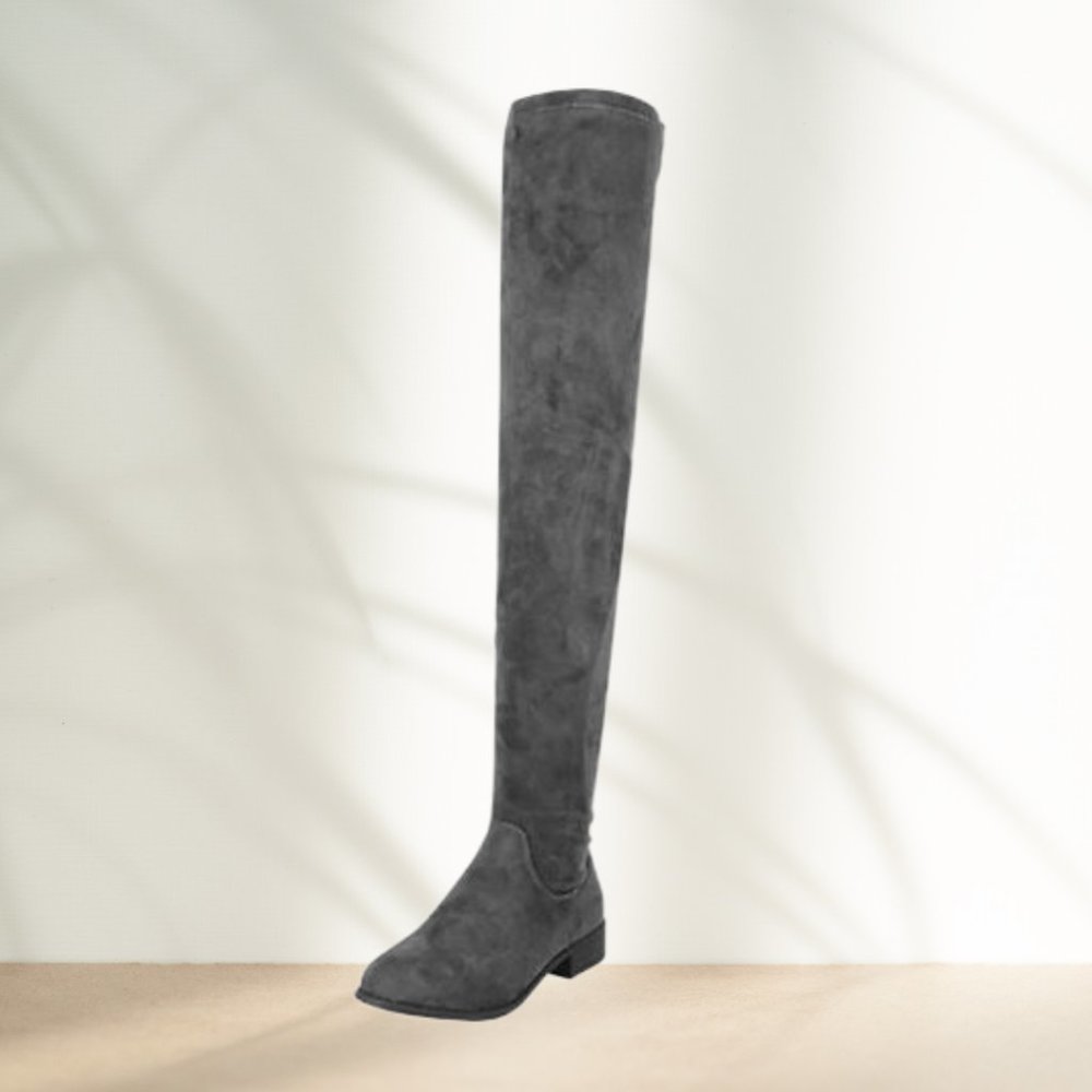 Gray Round Toe Thigh-High Fashion Boots